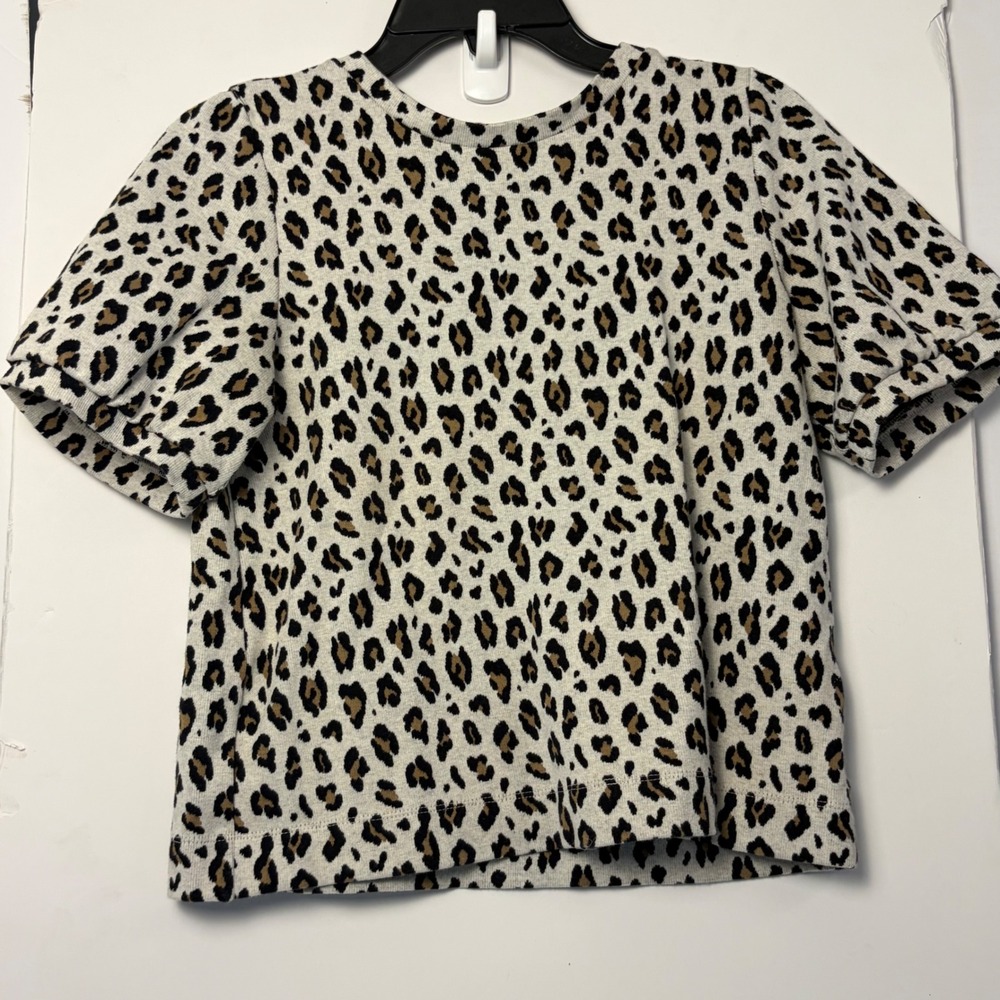 Loft Womens Small Leopard Print Short Sleeve Knit Sweater Top Crew Neck Animal